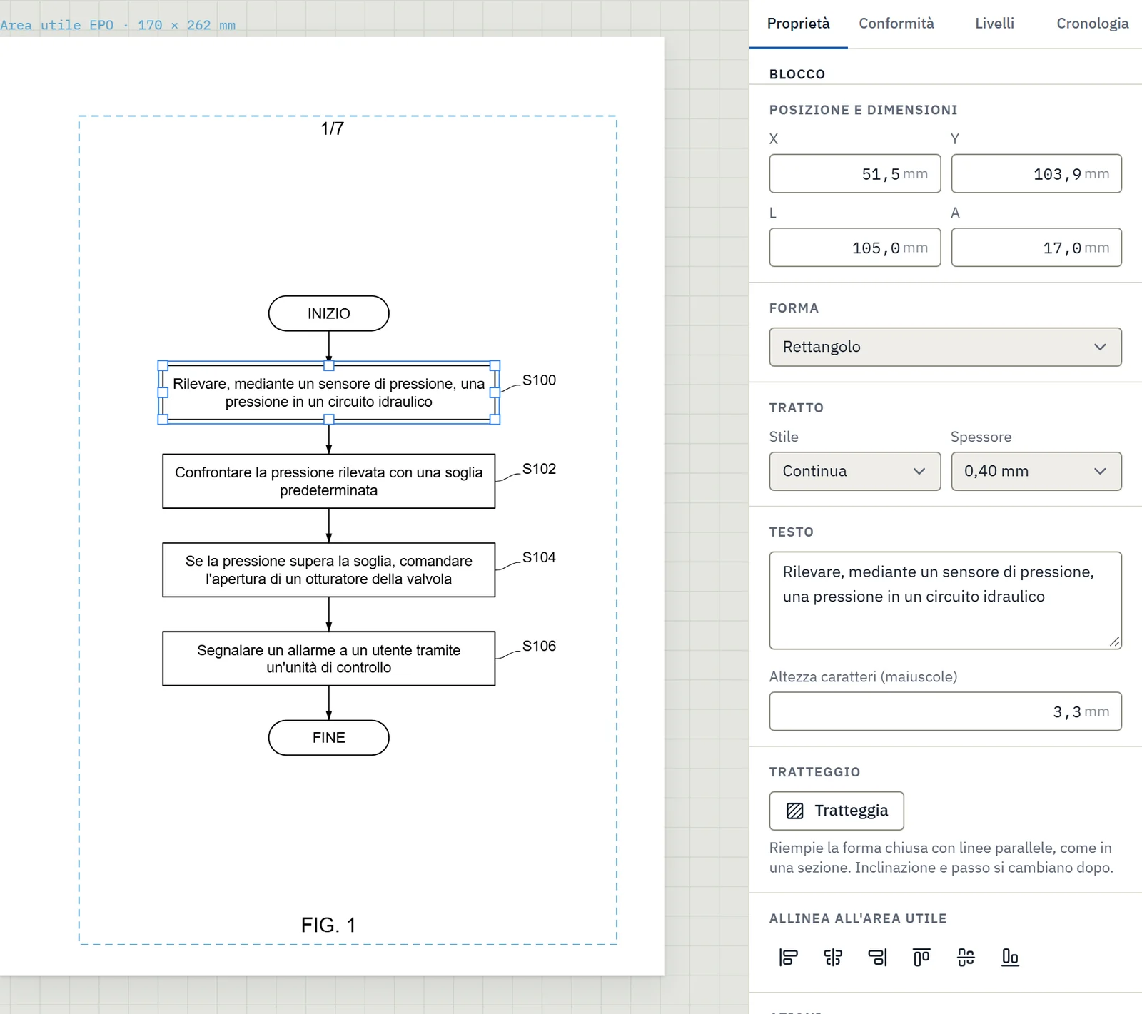 Diagramma di flusso generato dalle rivendicazioni di metodo, con i passi numerati, nell'editor
