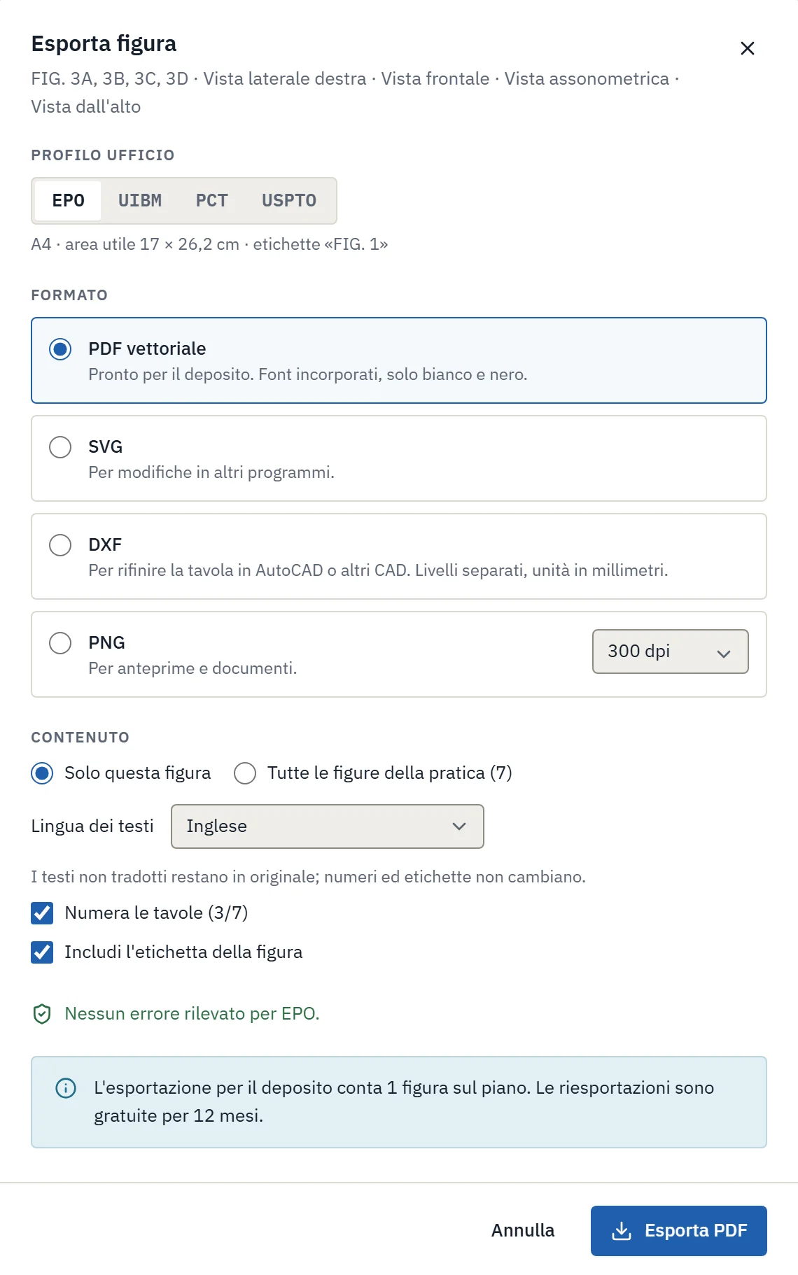 Finestra di esportazione di Inklaim con la scelta del profilo ufficio EPO, UIBM, PCT o USPTO e del formato PDF vettoriale