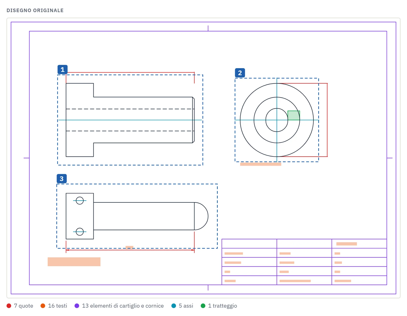 Importazione di un disegno DXF o PDF: in colore le quote, i testi e il cartiglio che vengono tolti