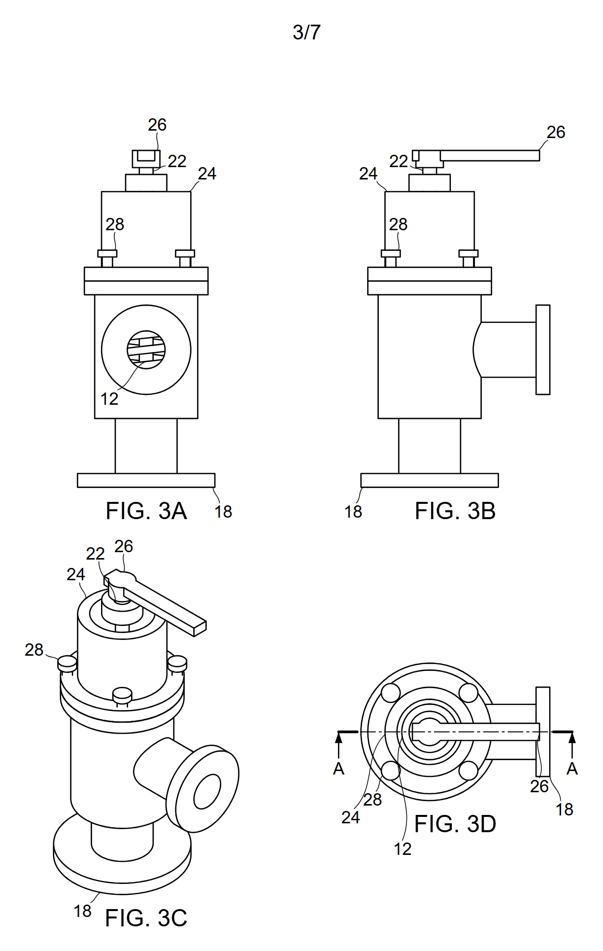Tavola 3/7 esportata da Inklaim con le figure FIG. 3A, 3B, 3C e 3D di una valvola e i numeri di riferimento