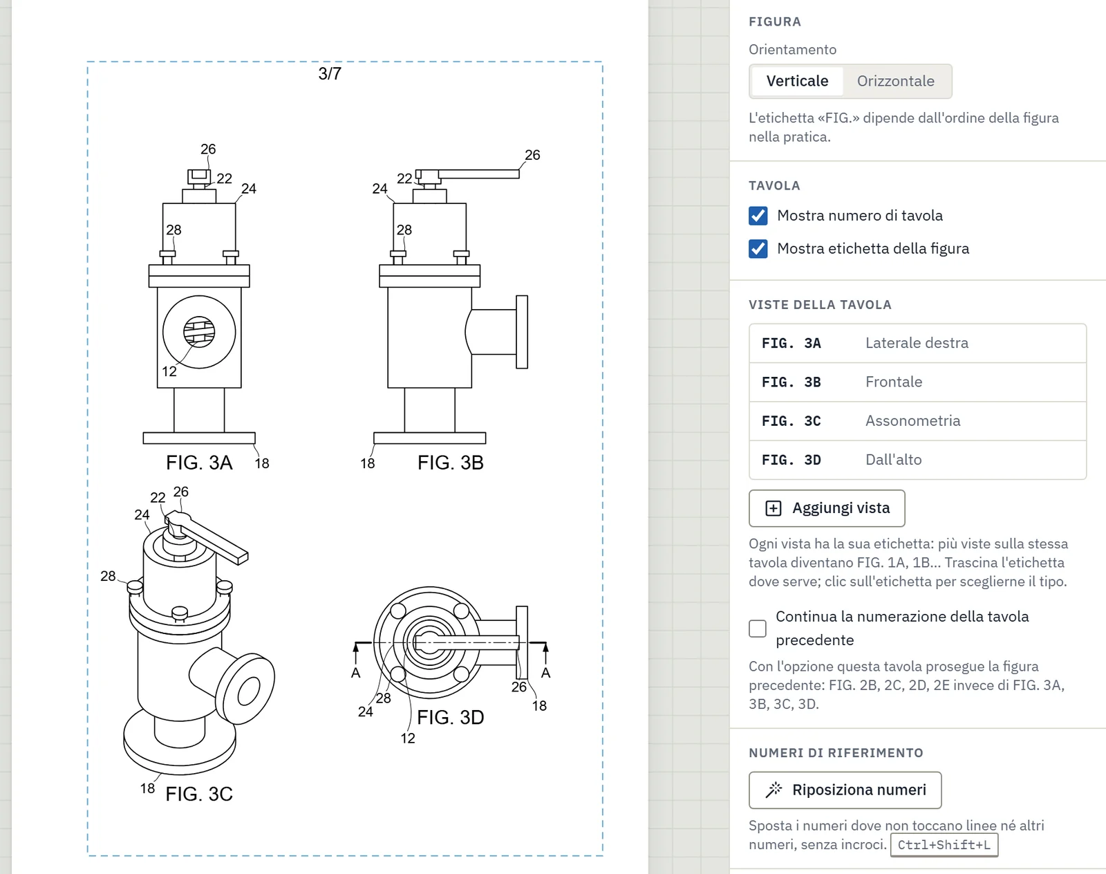 Editor di Inklaim con una tavola brevettuale: viste FIG. 3A–3D ricavate dal modello CAD alla stessa scala