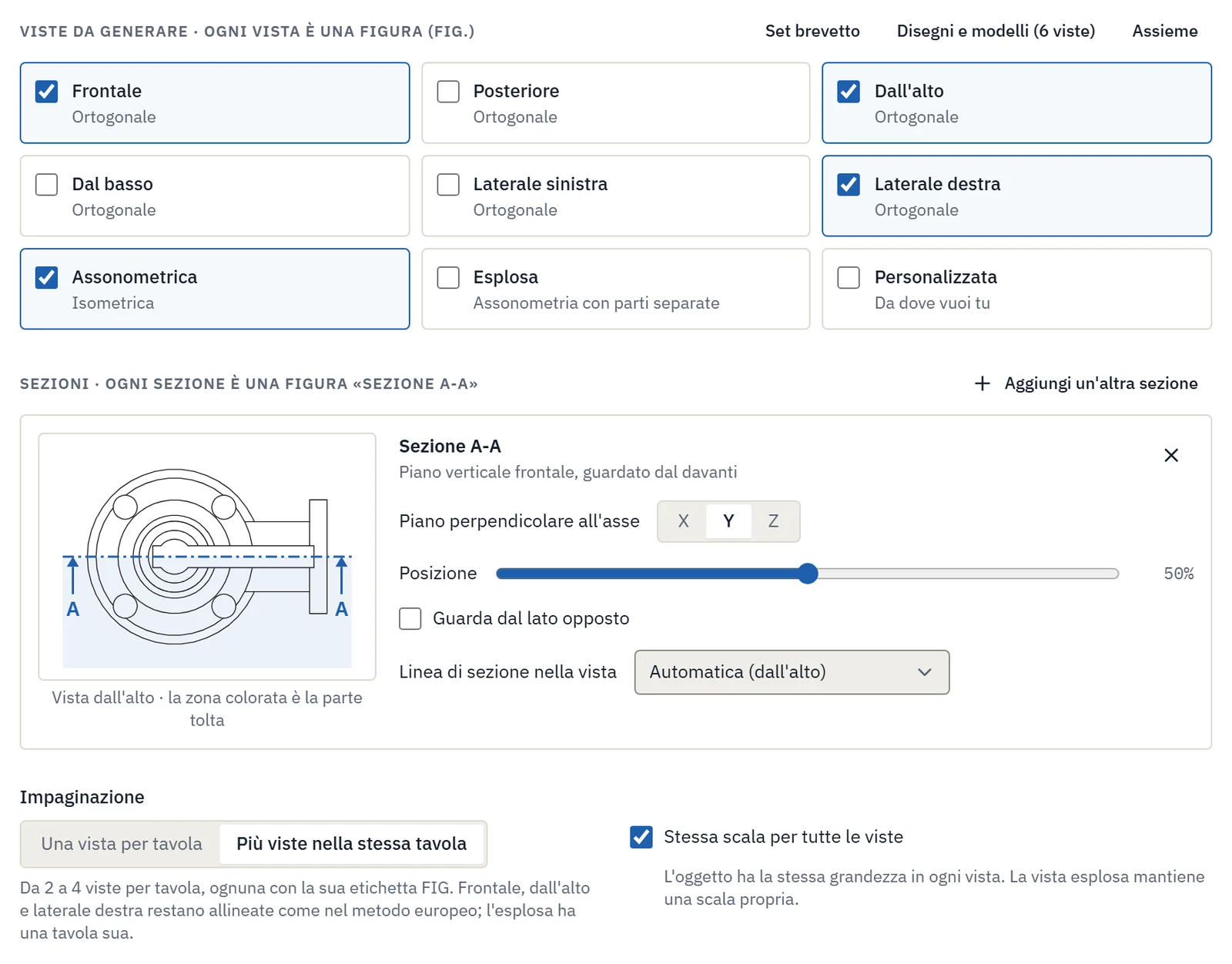 Procedura guidata CAD: scelta delle viste dal file STEP e piano della sezione A-A con anteprima